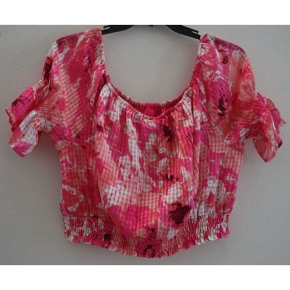 Lane Bryant Women Sz 14/16 Pink Floral Crop Off-The-Shoulder Chiffon Blouse $70 - Picture 2 of 9